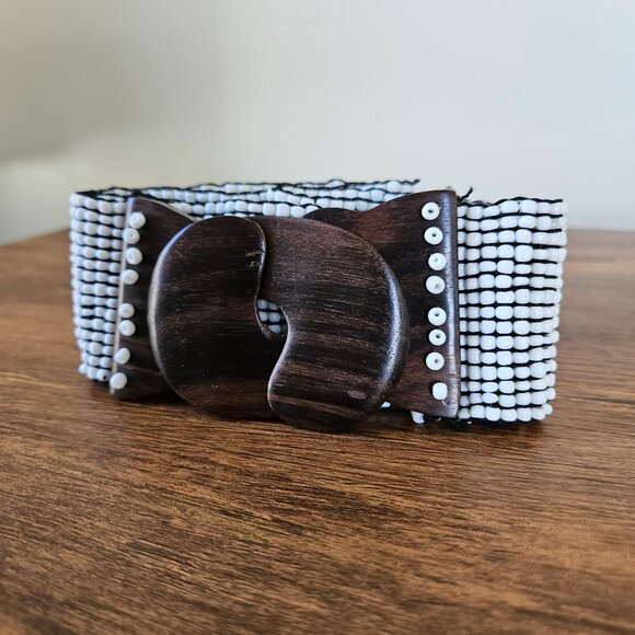 Vintage Wood Buckle White Beaded Stretch Belt Wide Cinched Waist Boho Gypsy M/L - Picture 3 of 6